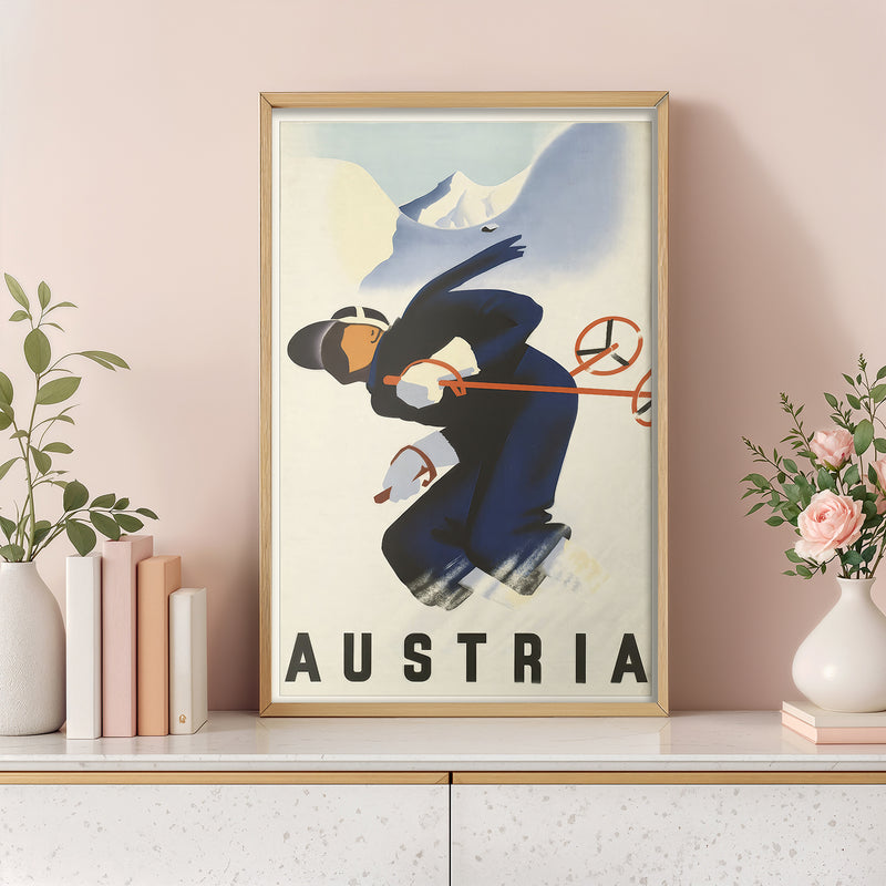 Austria ski poster print, vintage skier art, minimalist winter travel wall decor