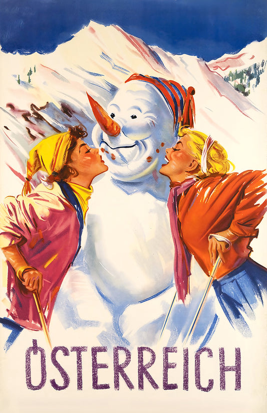 Austria ski poster print, vintage snowman art, playful winter travel wall decor, 11x17