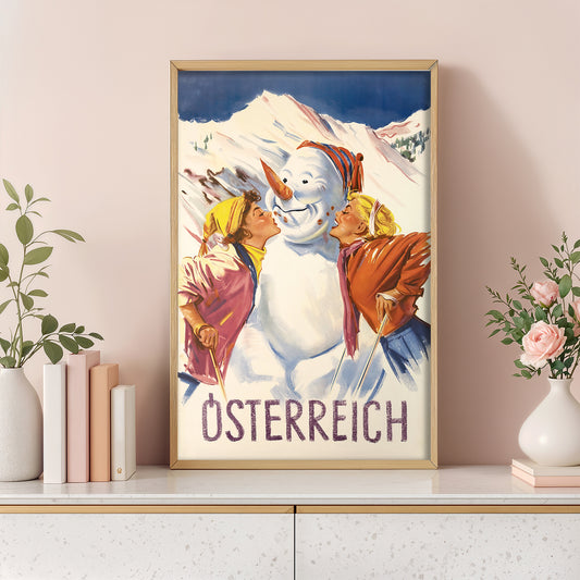 Austria ski poster print, vintage snowman art, playful winter travel wall decor, 11x17