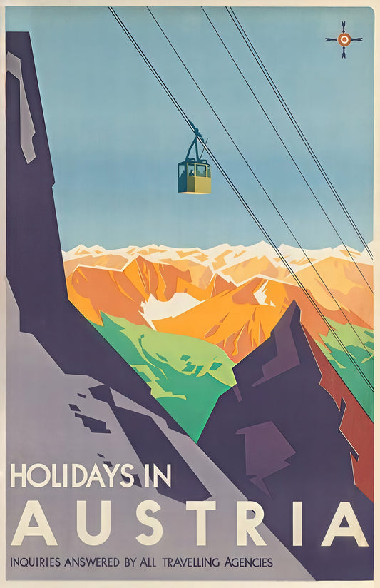 Holidays in Austria Vintage Travel Poster – Alpine Cable Car Retro Print