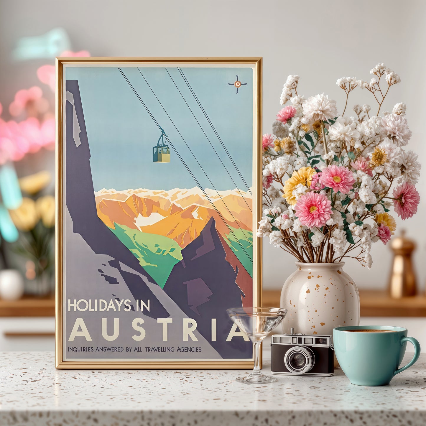Holidays in Austria Vintage Travel Poster – Alpine Cable Car Retro Print