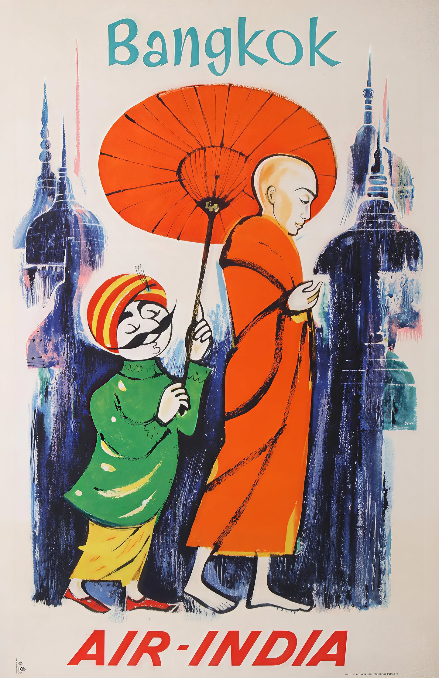 Bangkok Air-India Vintage Travel Poster – Mid-Century Asia Airline Art
