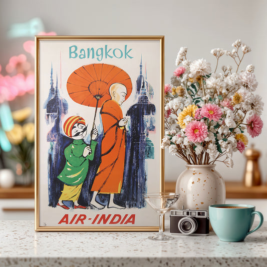 Bangkok Air-India Vintage Travel Poster – Mid-Century Asia Airline Art