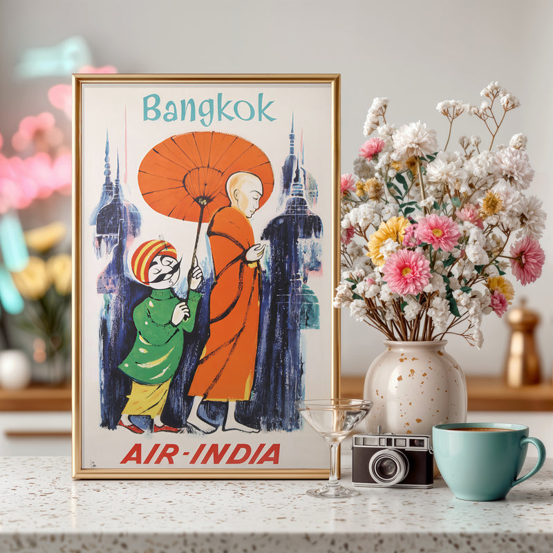 Bangkok Air-India Vintage Travel Poster – Mid-Century Asia Airline Art