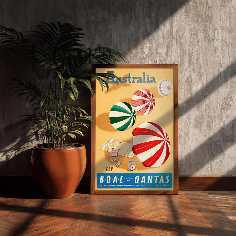 Australia poster print, vintage beach umbrella art, retro travel wall decor, sunny gift idea
