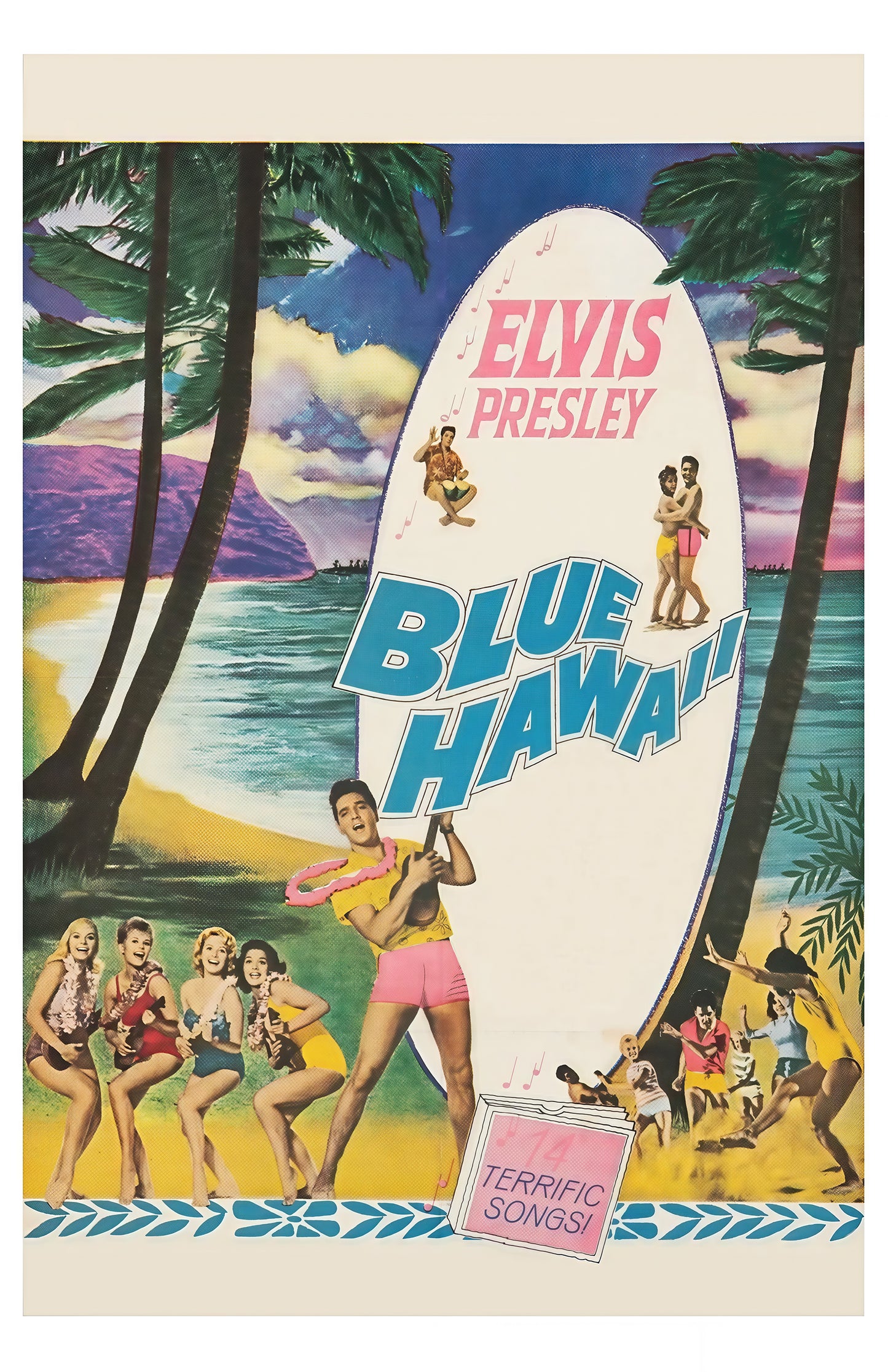 Elvis Presley – Blue Hawaii Retro Movie Poster Print (Colorful Surfboard Design)