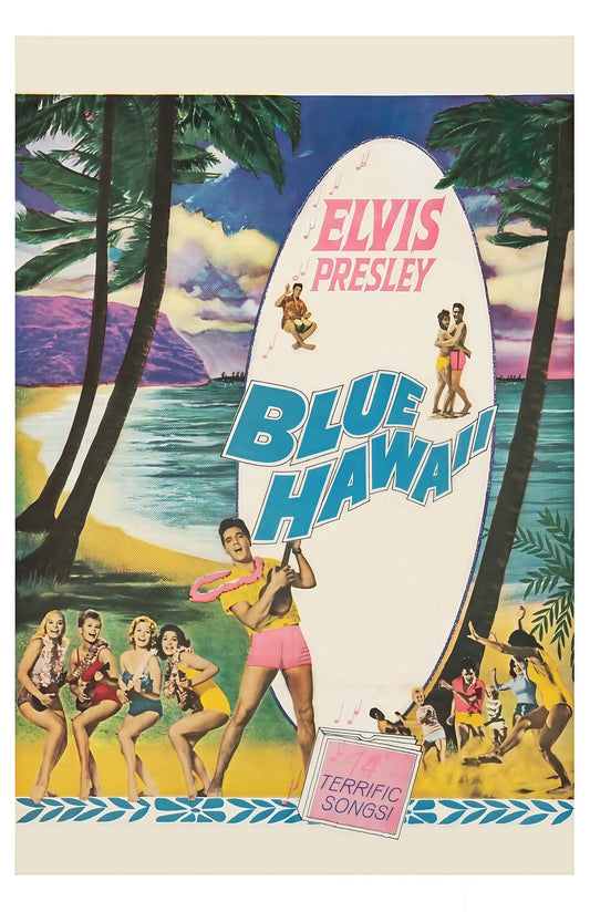 Elvis Presley – Blue Hawaii Retro Movie Poster Print (Colorful Surfboard Design)