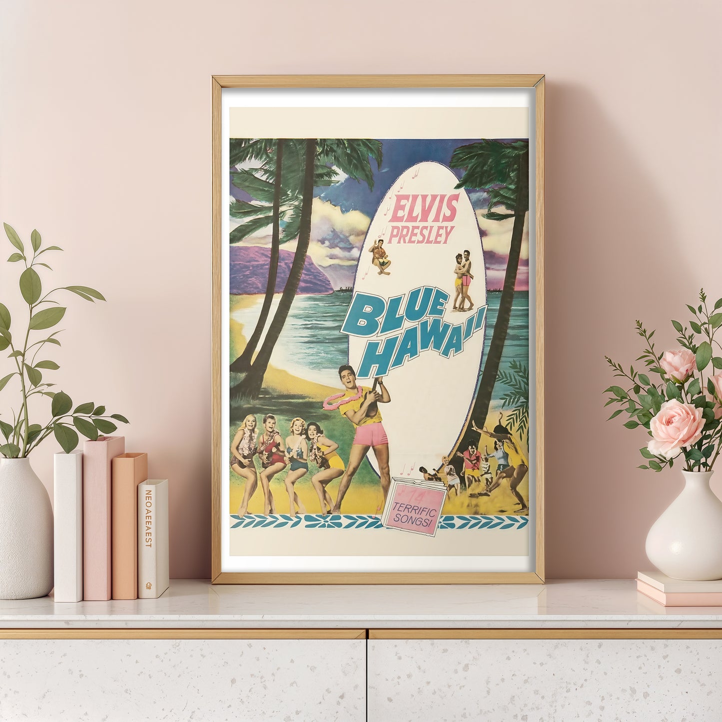 Elvis Presley – Blue Hawaii Retro Movie Poster Print (Colorful Surfboard Design)