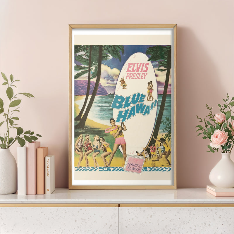 Elvis Presley – Blue Hawaii Retro Movie Poster Print (Colorful Surfboard Design)
