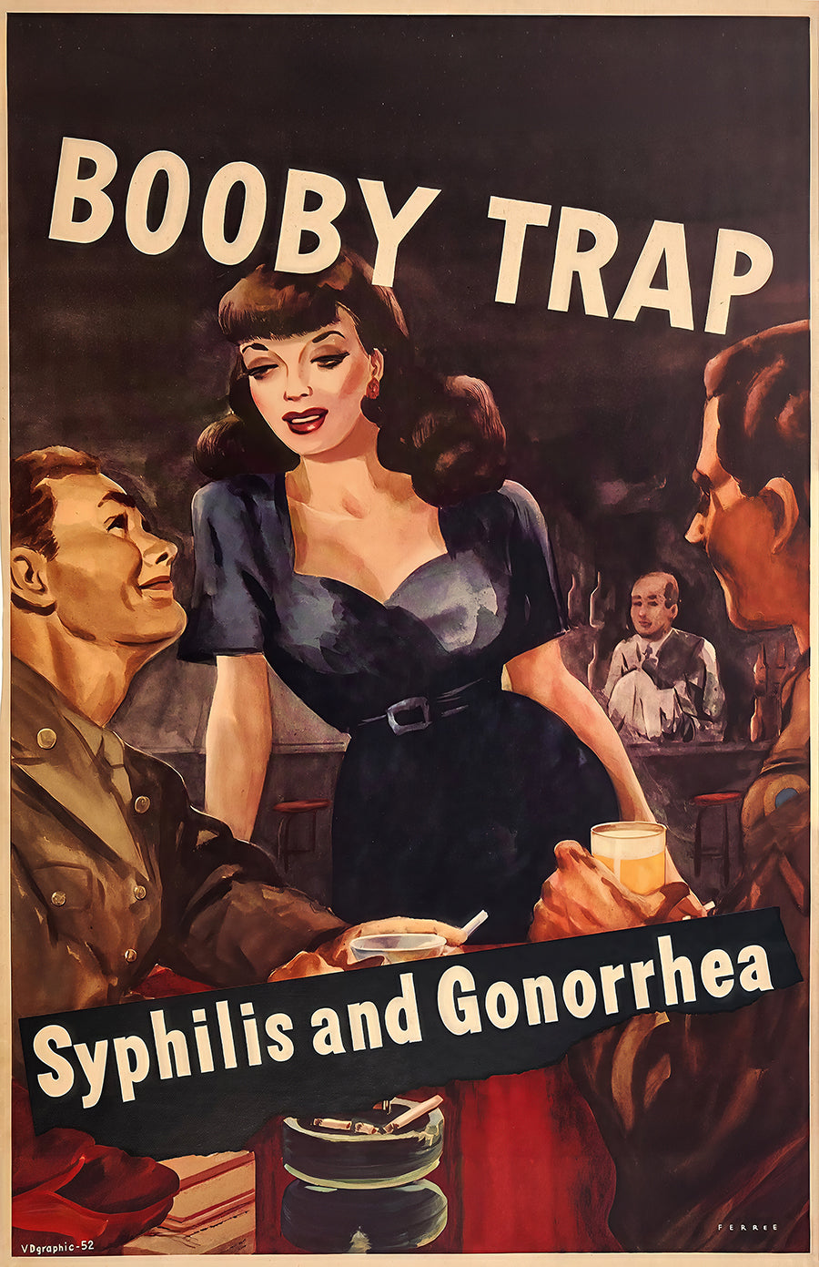 Booby Trap Vintage Poster Print, WWII Public Health Propaganda, Noir Bar Wall Art