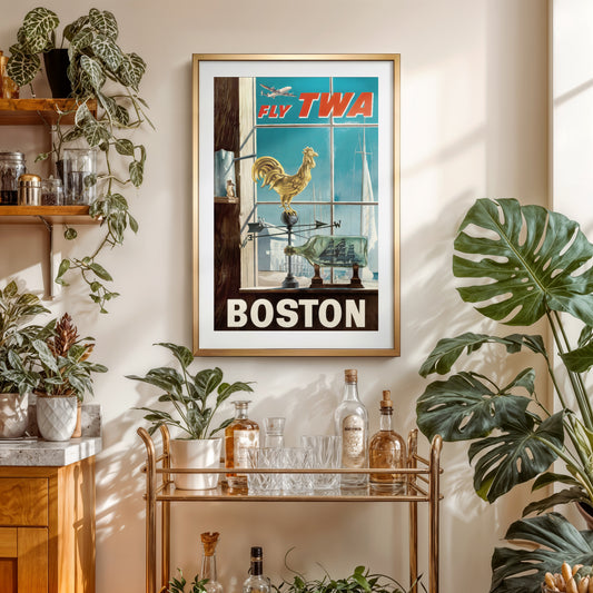 Boston travel poster print, Fly TWA art, vintage aviation wall decor, nautical window scene