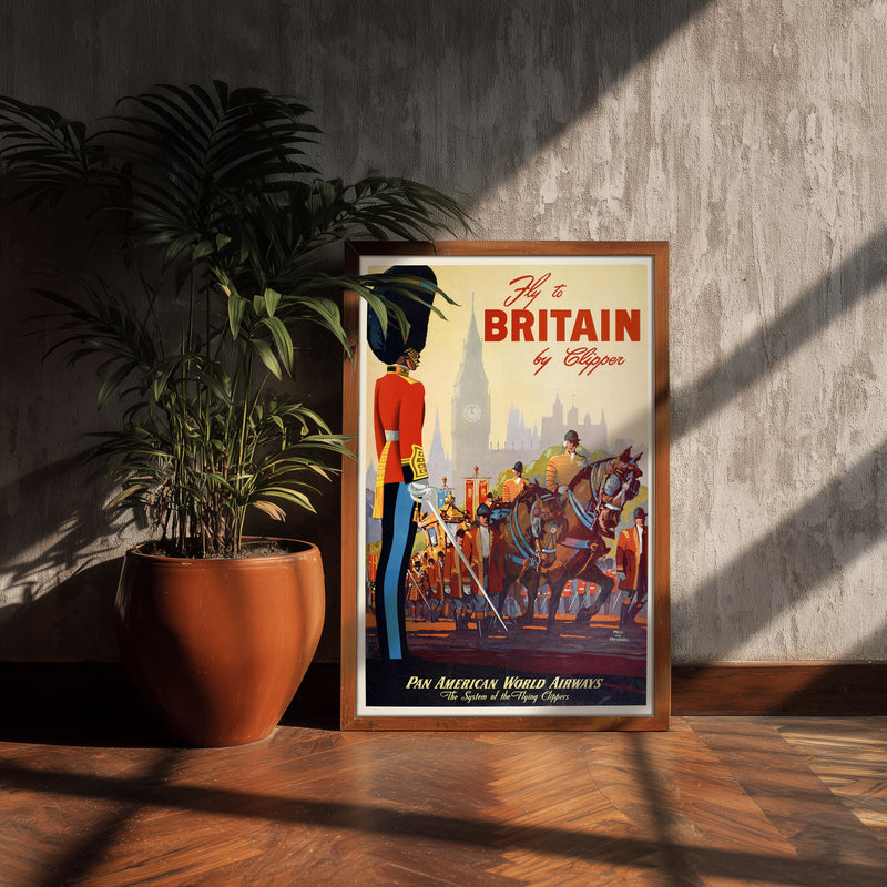 Britain travel poster print, vintage London guard art, Fly to Britain wall decor
