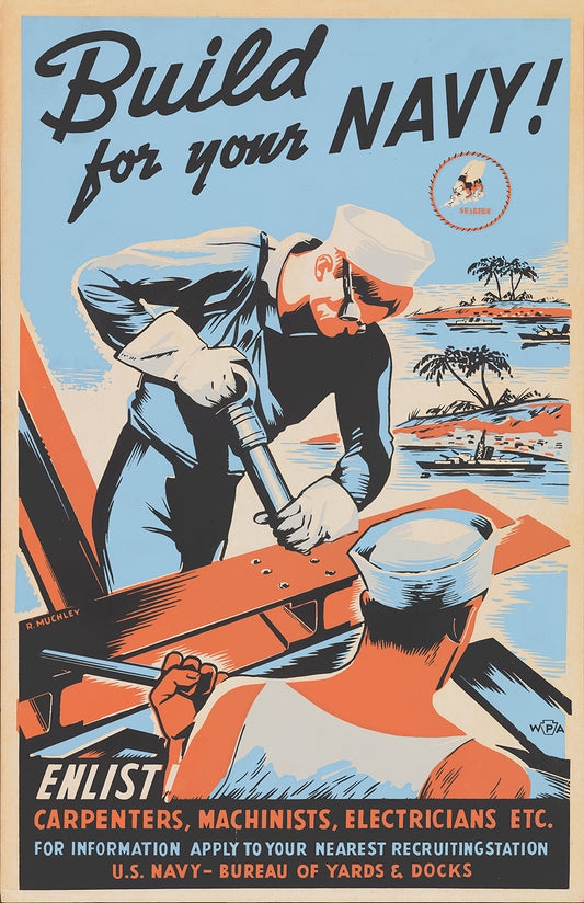 Build for your Navy poster print, vintage recruitment art, WWII style wall decor