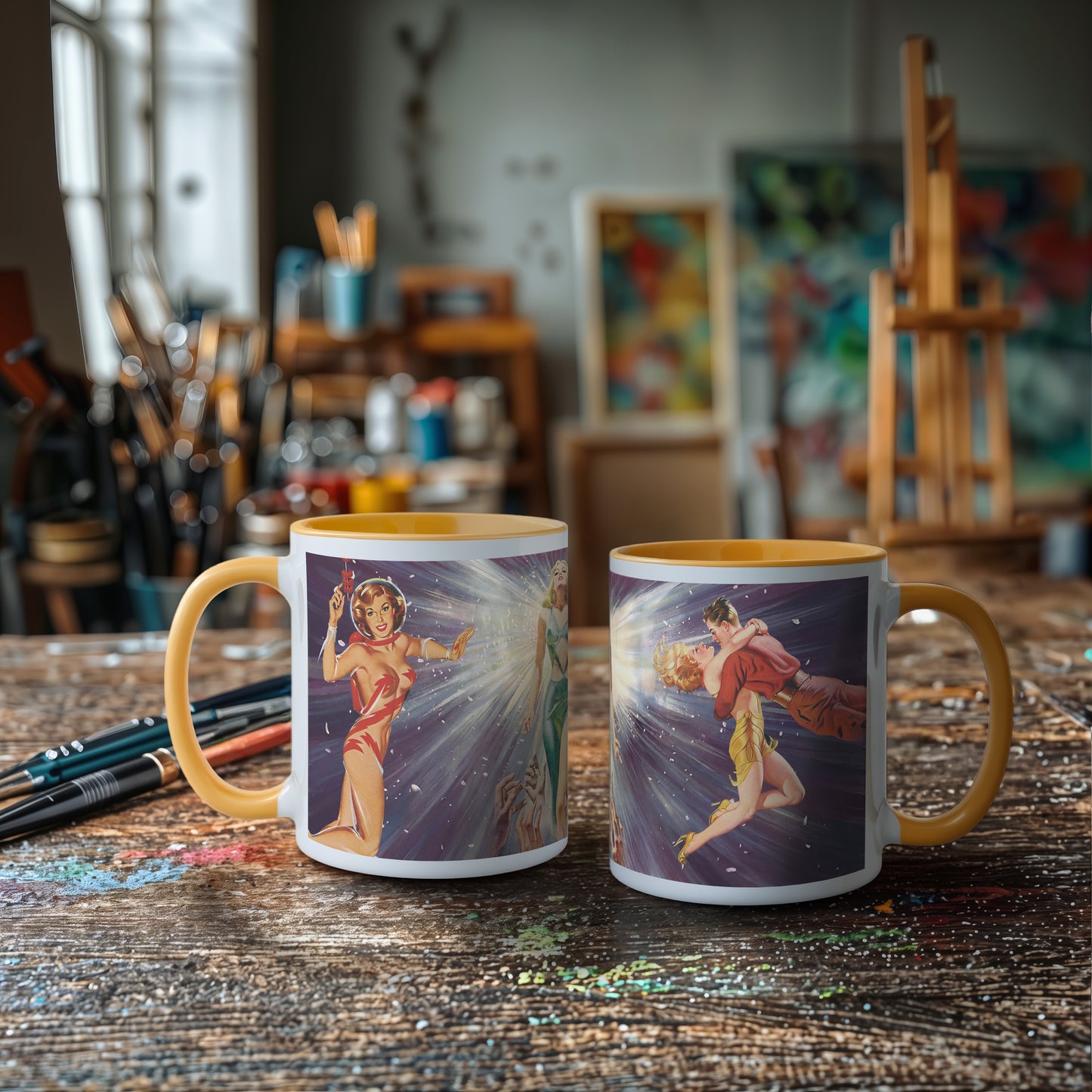 Retro Sci-Fi Pin-Up Space Fantasy Color Accent Mug – Mid-Century Atomic Art