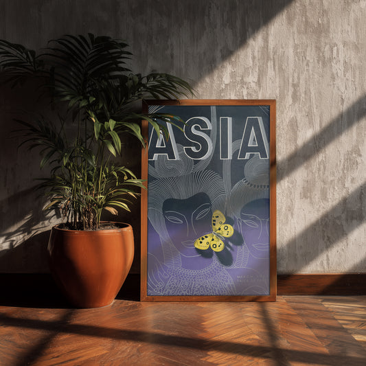 Vintage Asia Magazine Cover Poster Print, Art Deco Asian Illustration Wall Art, Yellow Butterfly Purple Cover Art, 1935 Magazine Inspired Decor, Maximalist Gallery Print