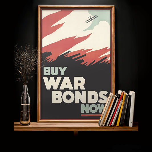 Buy War Bonds poster print, vintage propaganda art, WWII style wall decor
