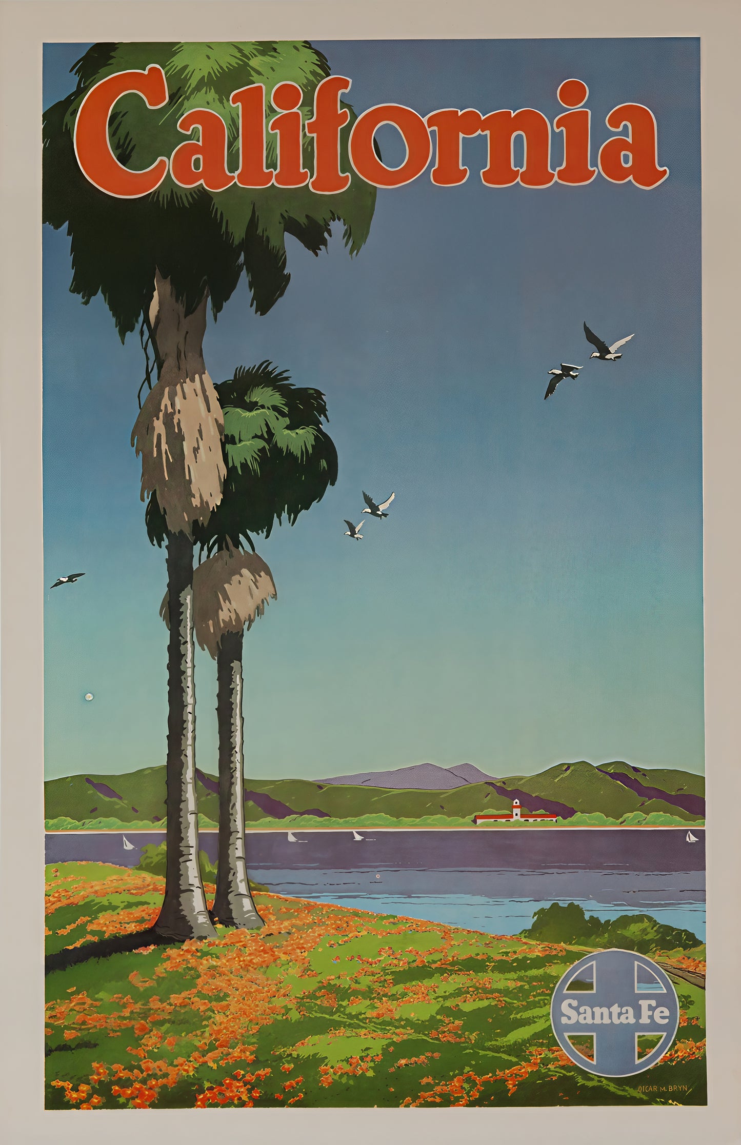 California Santa Fe Railway Vintage Travel Poster – Palm Trees and Coastal View