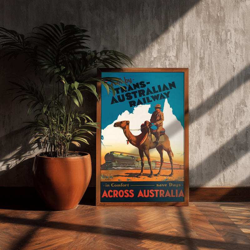 Australia travel poster print, vintage railway camel art, outback wall decor, 11x17 home gift