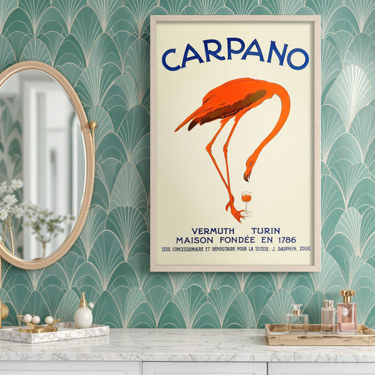 Carpano Vermouth Vintage Poster Print, Flamingo Art Deco Bar Wall Art, Turin Italy Aperitif Advertising, Retro Cocktail Decor, 11x17