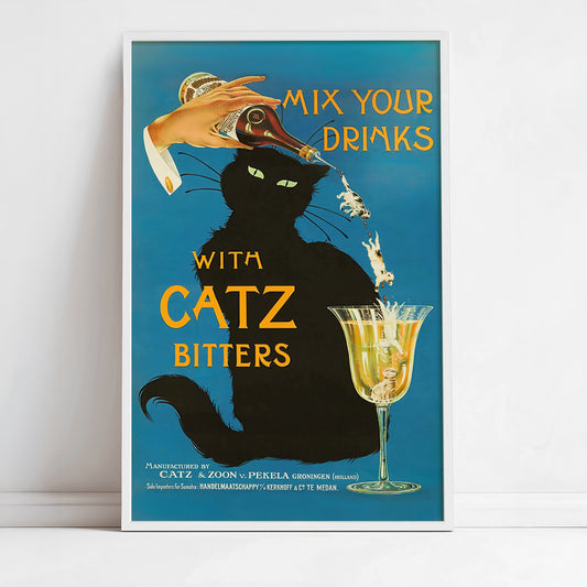 Catz Bitters Vintage Poster • Black Cat Art Deco Bar Print • Retro Liquor Advertisement Wall Art