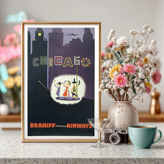 Chicago Braniff Airways Vintage Travel Poster – Mid-Century Airline Art Print (11x17)