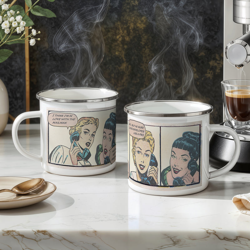 Retro Comic Enamel Mug – Funny Mailman Romance Pop Art Cup
