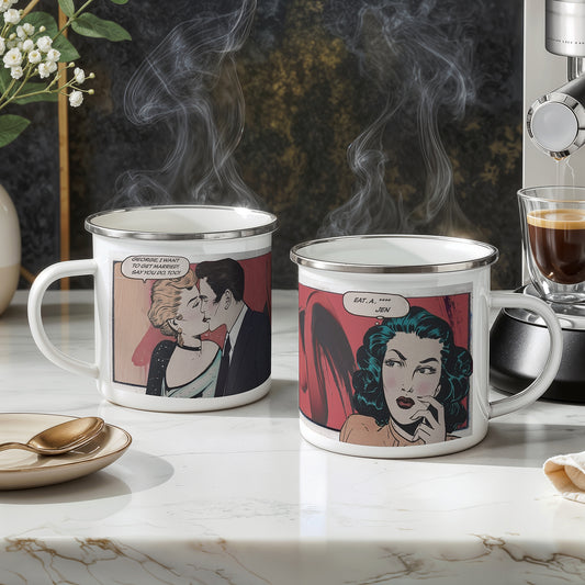 Retro Pop-Art Drama Enamel Mug – “George, I Want to Get Married” Comic Panel Cup