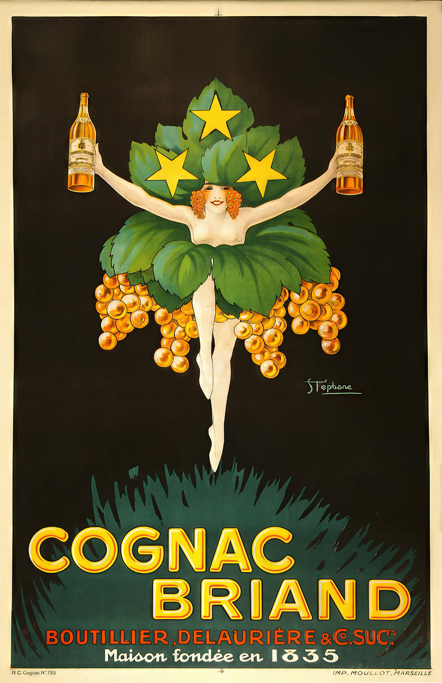 Cognac Briand Vintage French Poster – Art Nouveau Liquor Advertisement with Grapes & Stars
