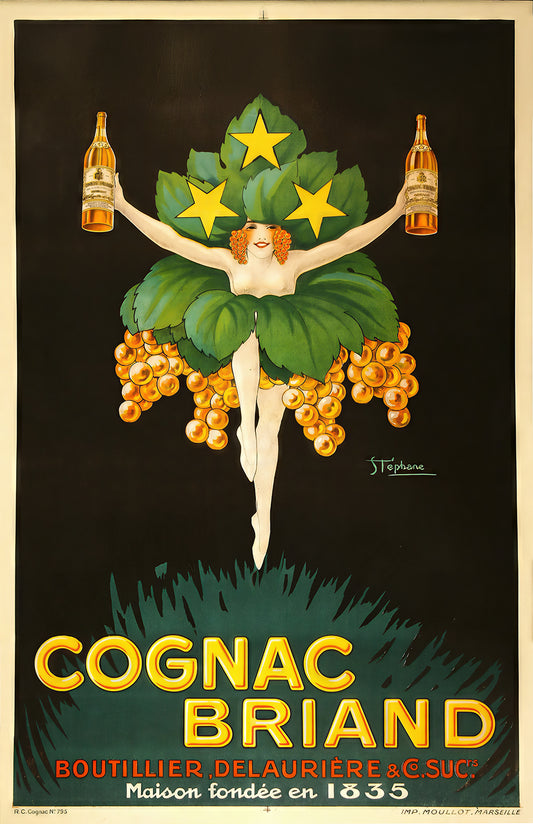 Cognac Briand Vintage French Poster – Art Nouveau Liquor Advertisement with Grapes & Stars