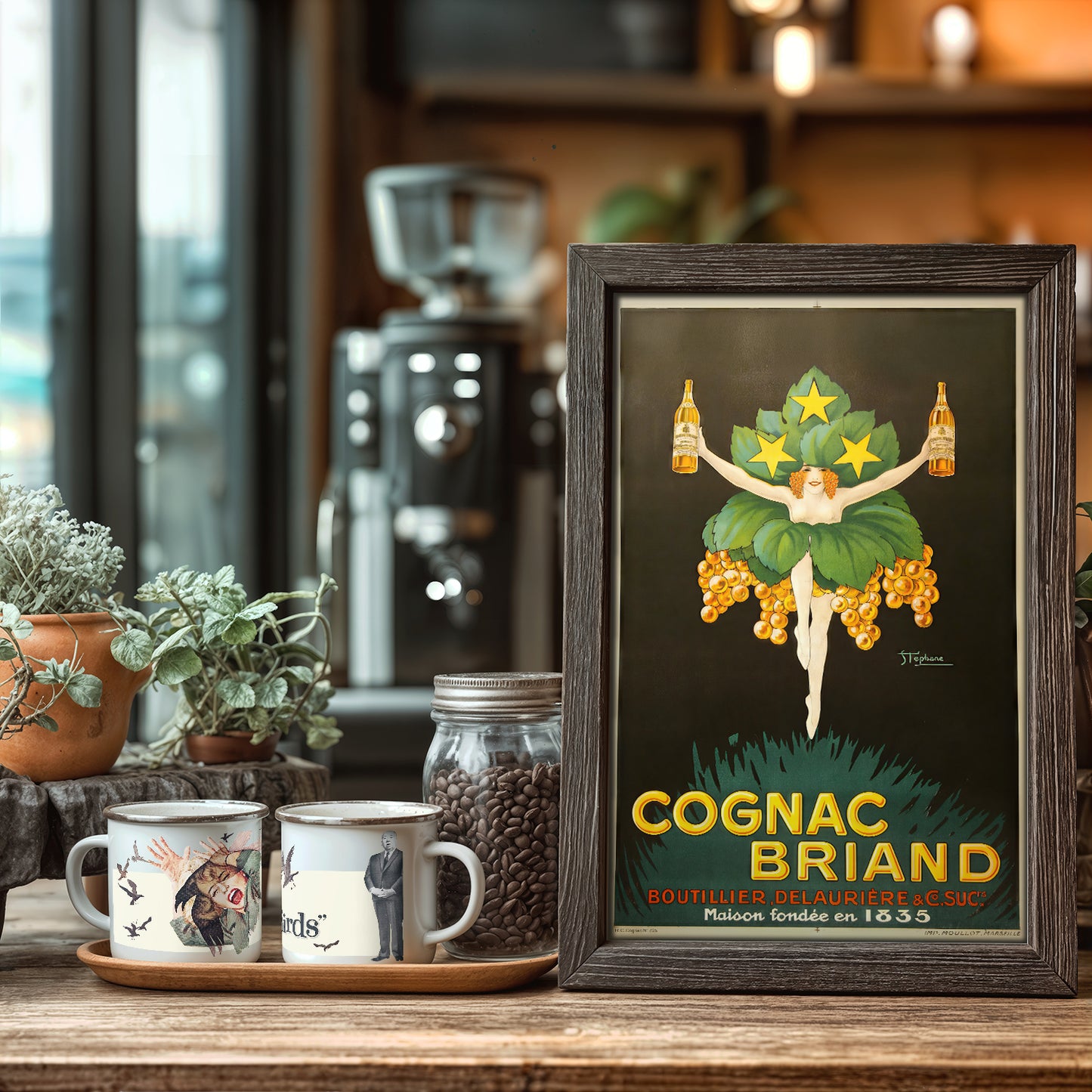 Cognac Briand Vintage French Poster – Art Nouveau Liquor Advertisement with Grapes & Stars