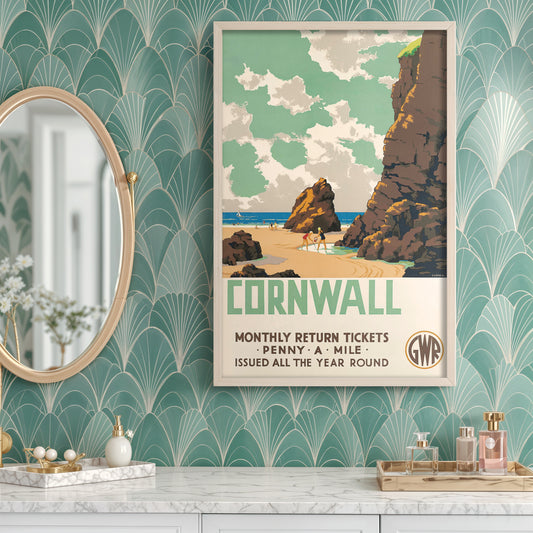 Cornwall poster print, vintage beach art for coastal wall decor, seaside cliffs travel