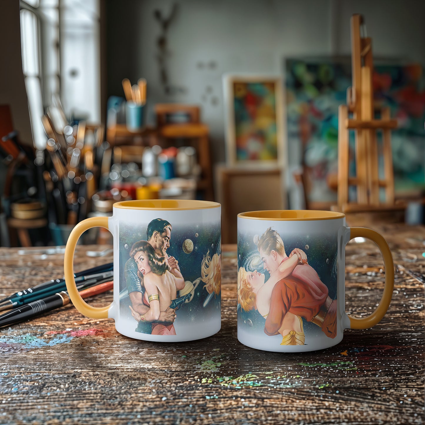 Retro Sci-Fi Space Romance Mug, Cosmic Lovers Pulp Art, Galaxy Coffee Cup, 11oz or 15oz Ceramic Mug w/ Color Accent Handle & Inside