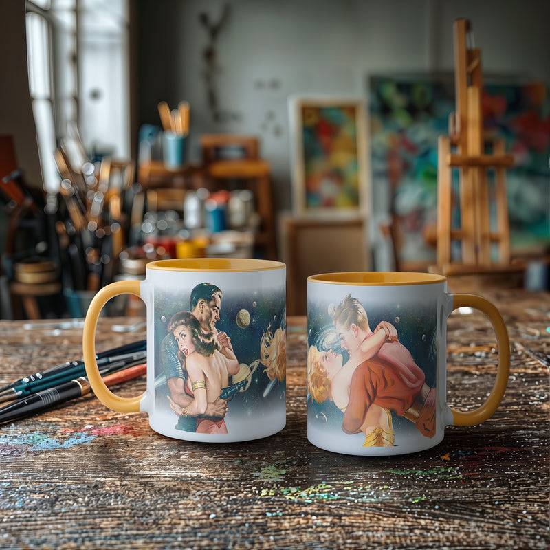 Retro Sci-Fi Space Romance Mug, Cosmic Lovers Pulp Art, Galaxy Coffee Cup, 11oz or 15oz Ceramic Mug w/ Color Accent Handle & Inside