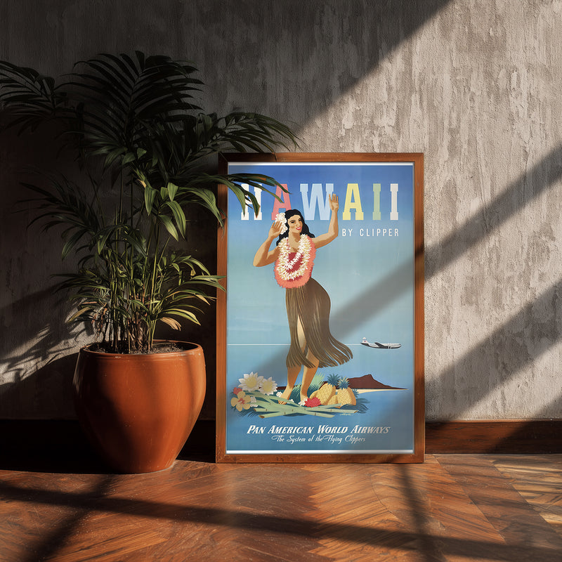 Hawaii travel poster print, vintage hula dancer art, tropical airline-style wall decor, island gift