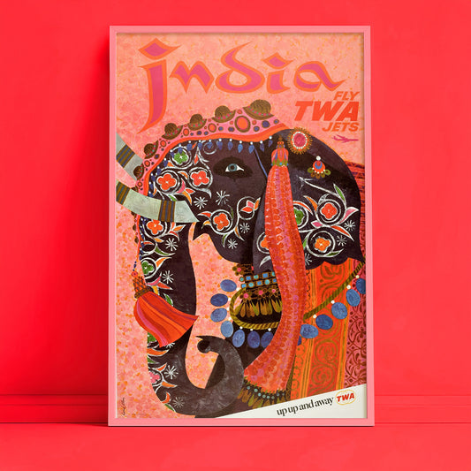 India travel poster print, colorful elephant art, vintage airline wall decor 11x17 retro gift