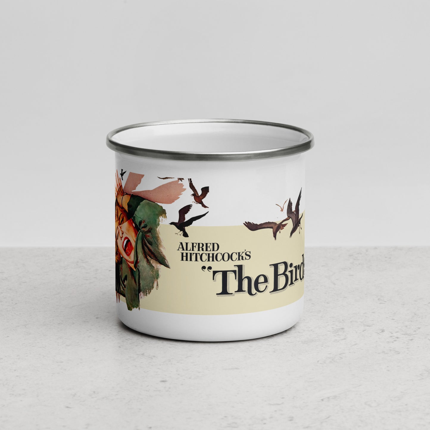 The Birds Enamel Mug • Alfred Hitchcock Vintage Horror Movie Mug • Retro Film Poster Coffee Cup • Classic Cinema Gift