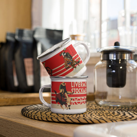 Livermore Stockmen’s Rodeo Enamel Mug • Vintage Western Cowboy Coffee Cup • Rodeo Art Gift • Rustic Americana Drinkware