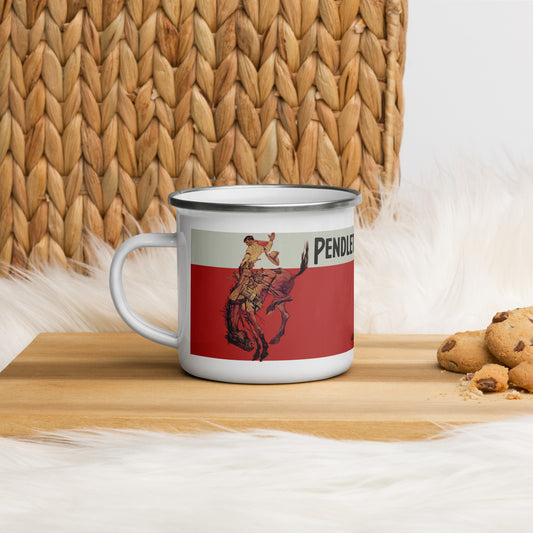 Pendleton Round-Up Enamel Mug • Vintage Western Rodeo Cup • “Let ’Er Buck” Cowboy Coffee Mug