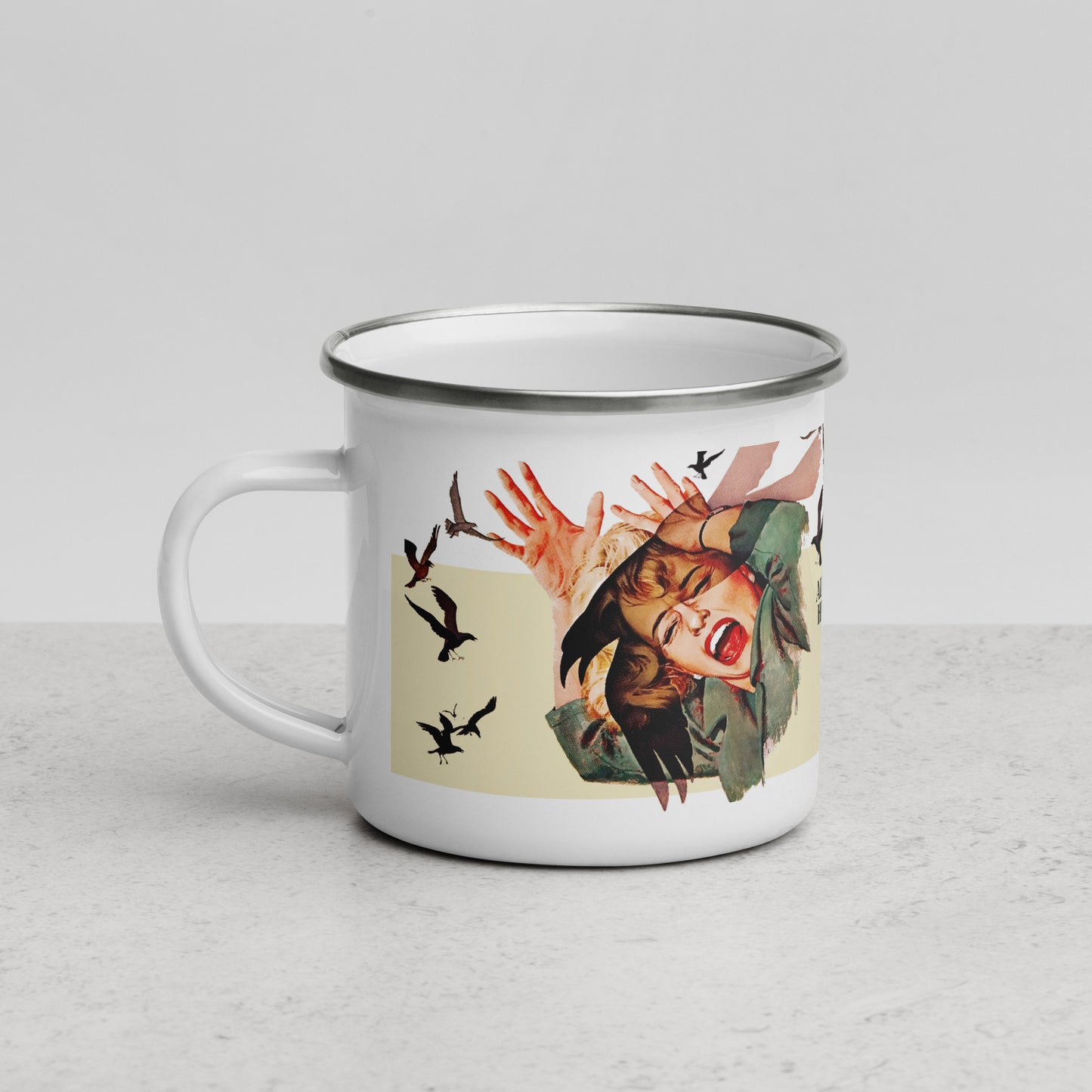 The Birds Enamel Mug • Alfred Hitchcock Vintage Horror Movie Mug • Retro Film Poster Coffee Cup • Classic Cinema Gift