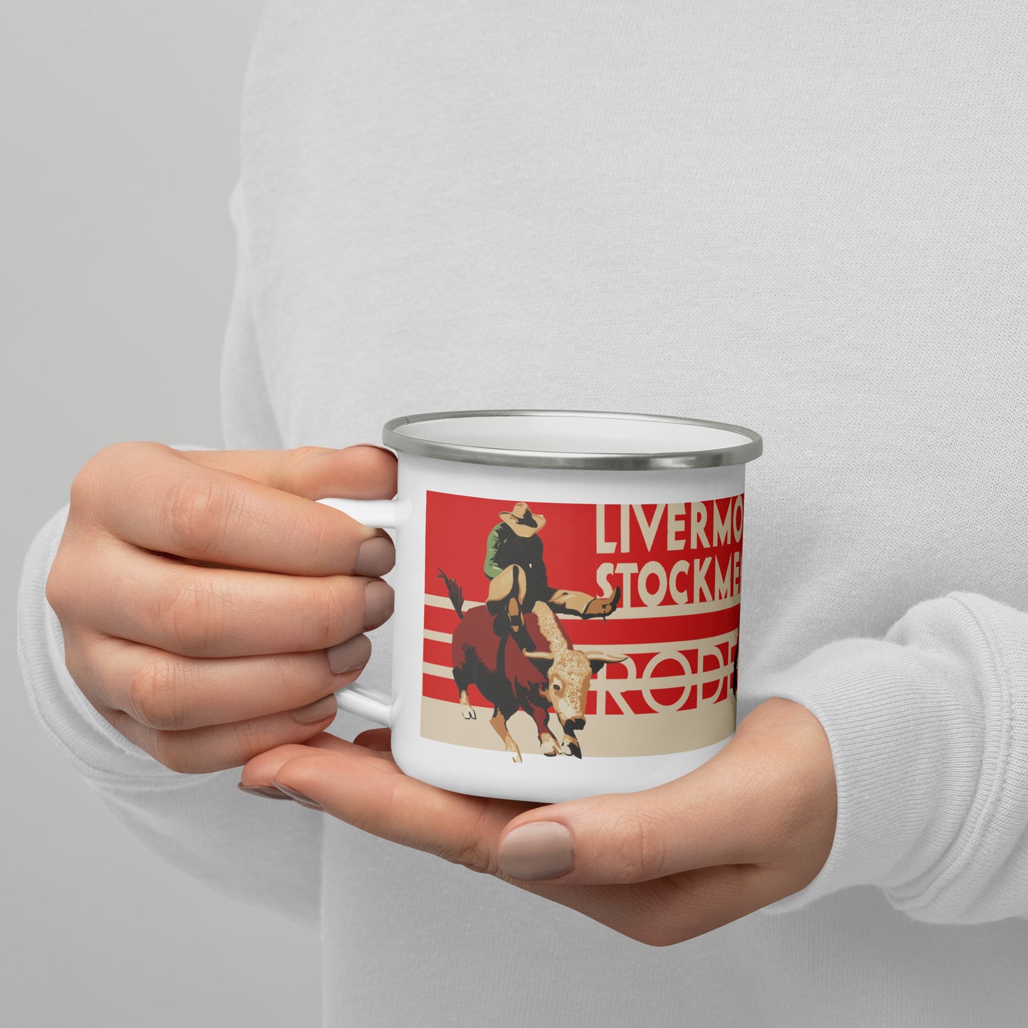 Livermore Stockmen’s Rodeo Enamel Mug • Vintage Western Cowboy Coffee Cup • Rodeo Art Gift • Rustic Americana Drinkware