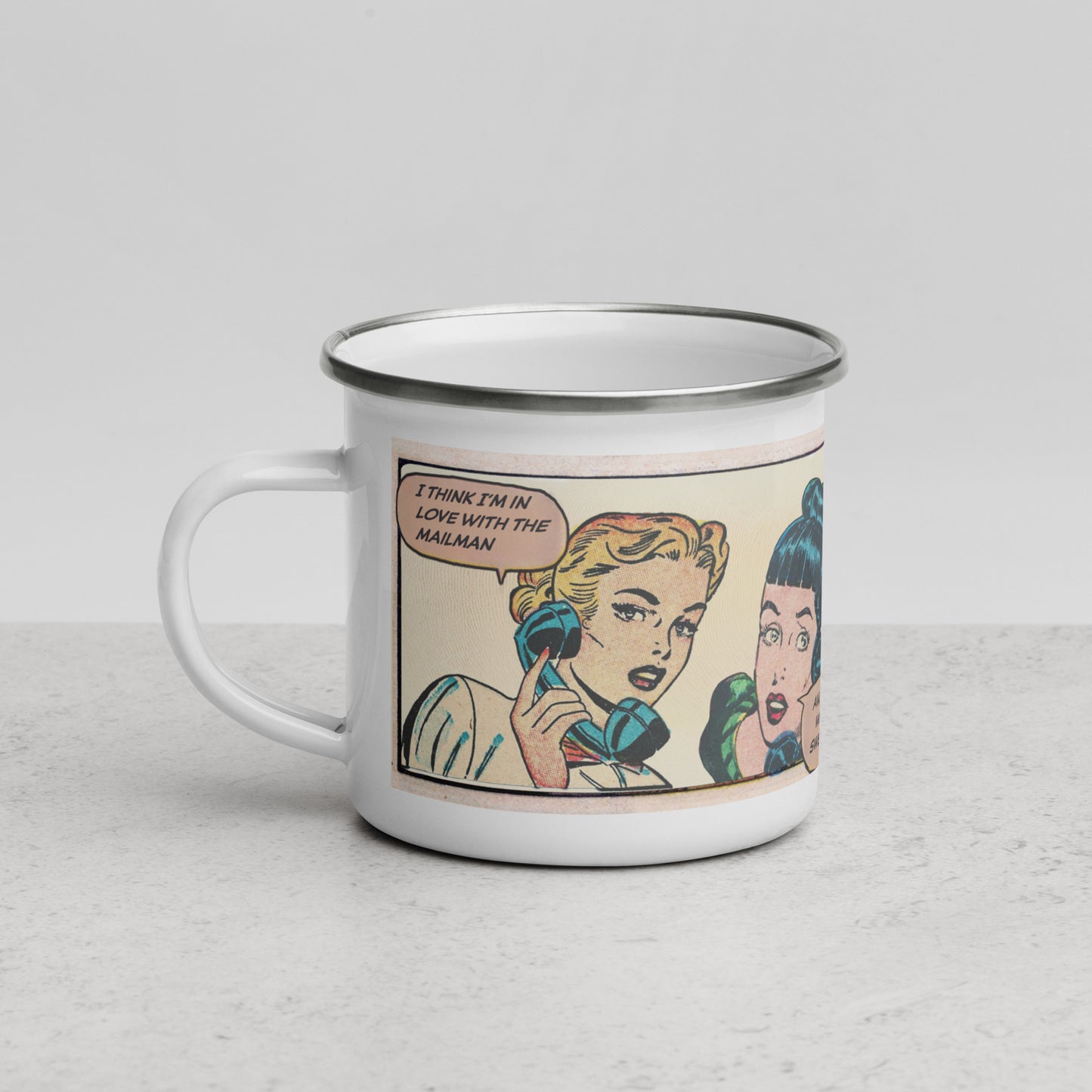 Retro Comic Enamel Mug – Funny Mailman Romance Pop Art Cup