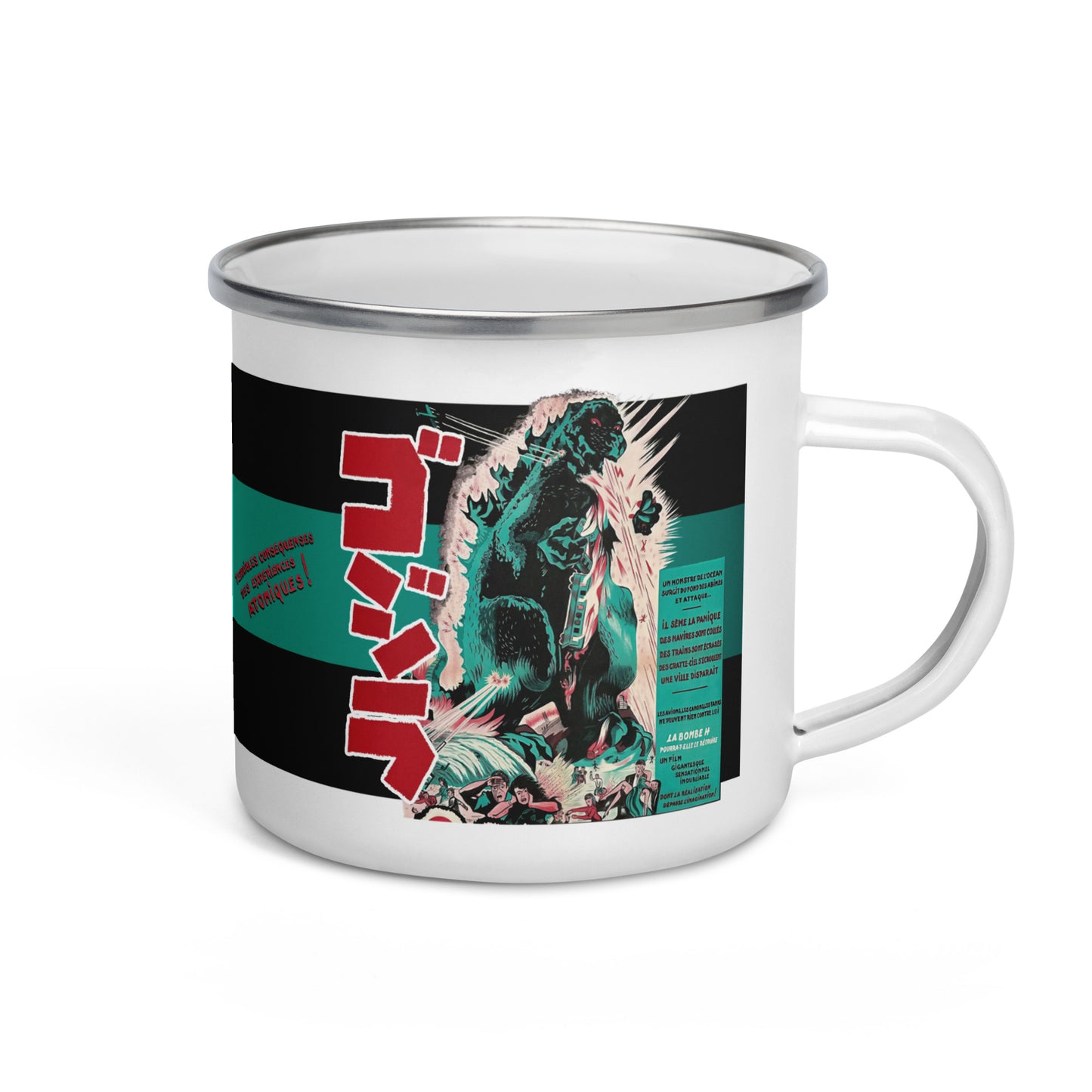 Godzilla Enamel Mug – Vintage French Movie Poster Kaiju Camping Coffee Cup