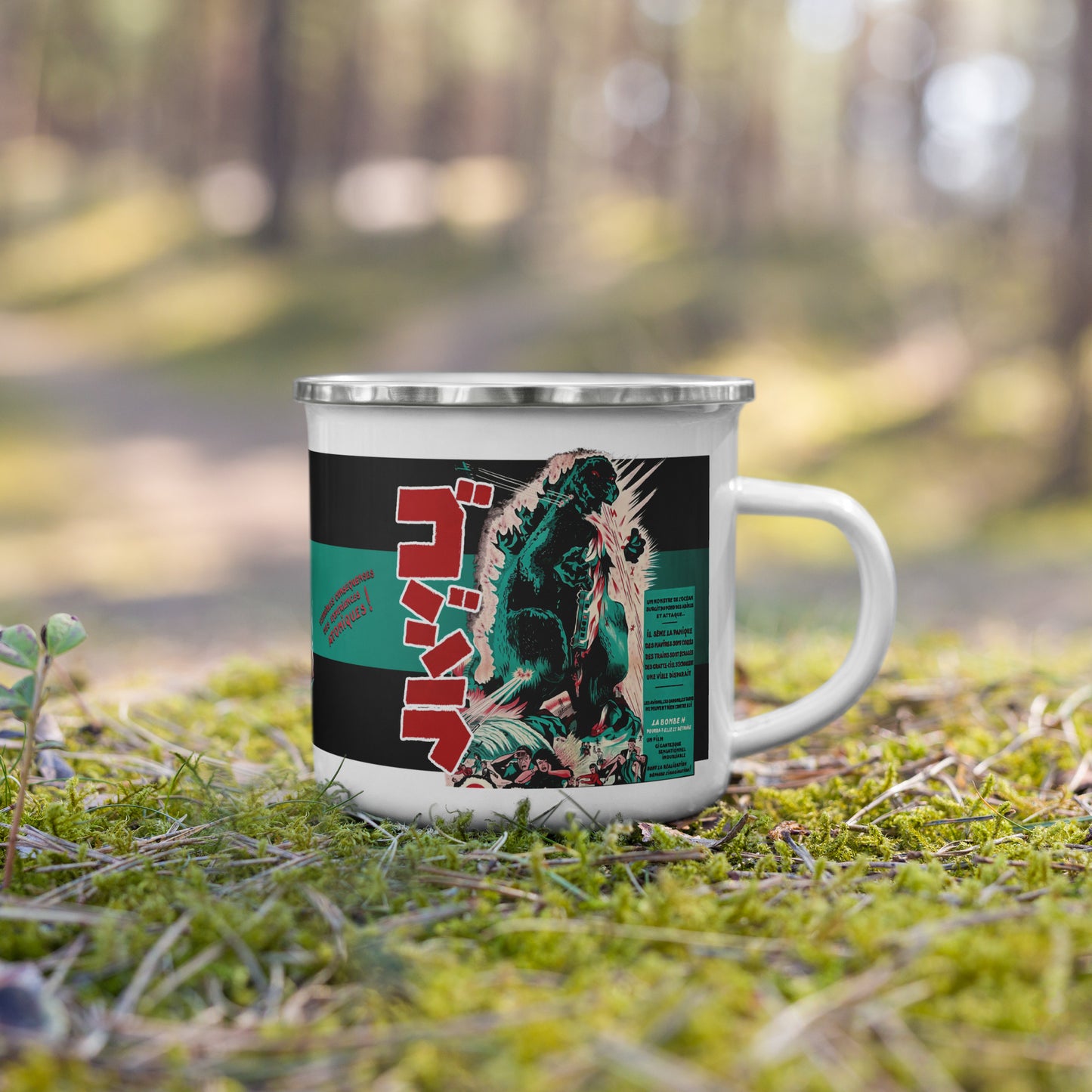Godzilla Enamel Mug – Vintage French Movie Poster Kaiju Camping Coffee Cup