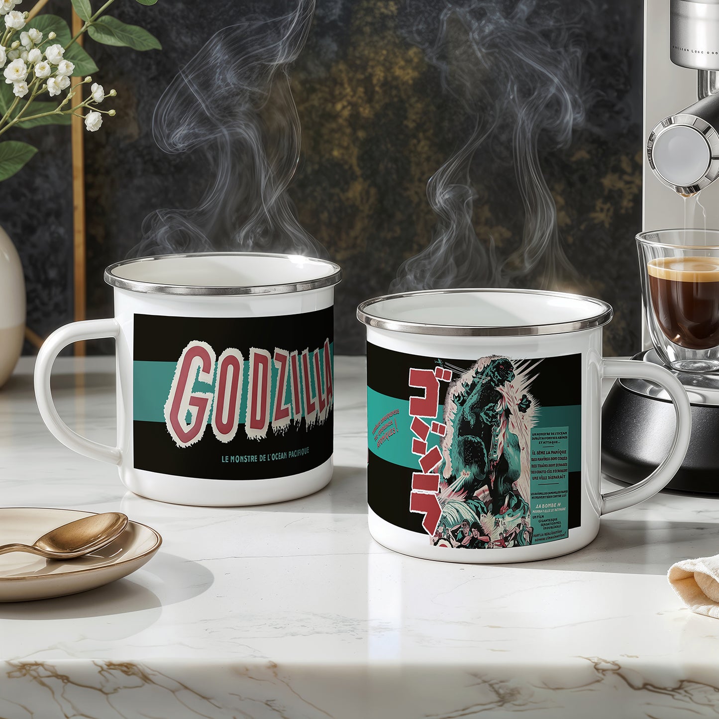 Godzilla Enamel Mug – Vintage French Movie Poster Kaiju Camping Coffee Cup