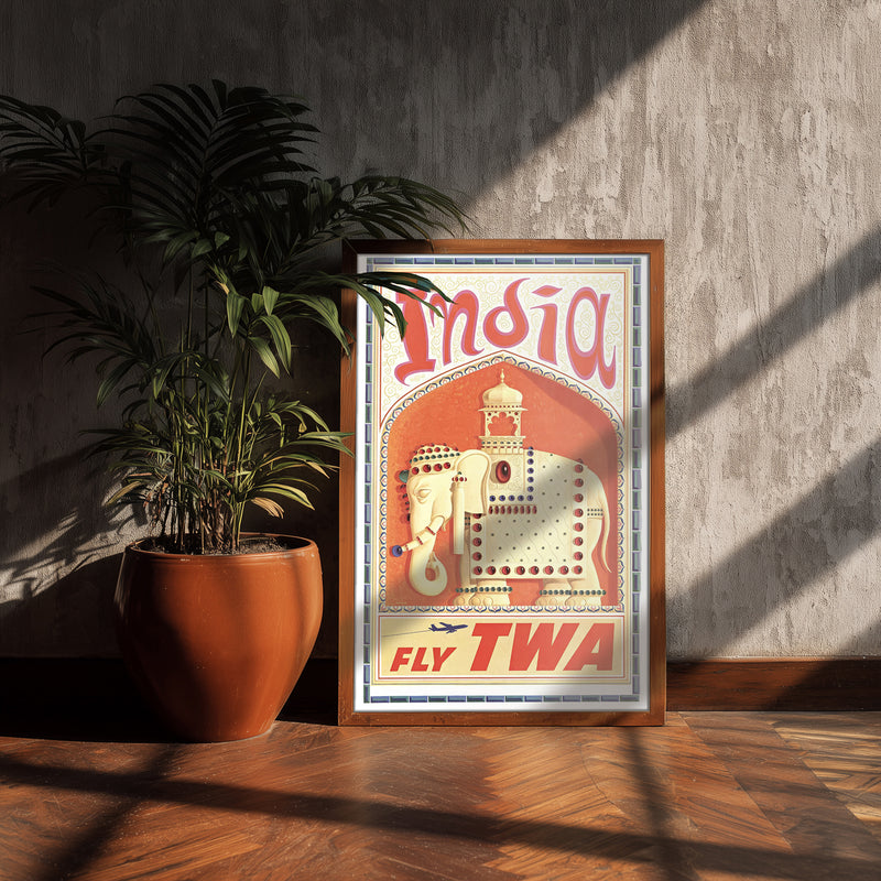 India travel poster print, jeweled elephant art, vintage airline wall decor 11x17 retro gift