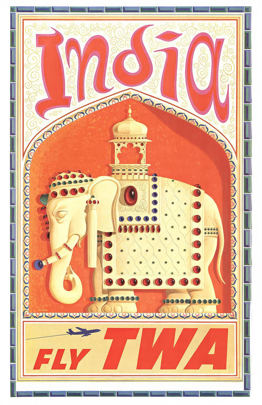 India travel poster print, jeweled elephant art, vintage airline wall decor 11x17 retro gift