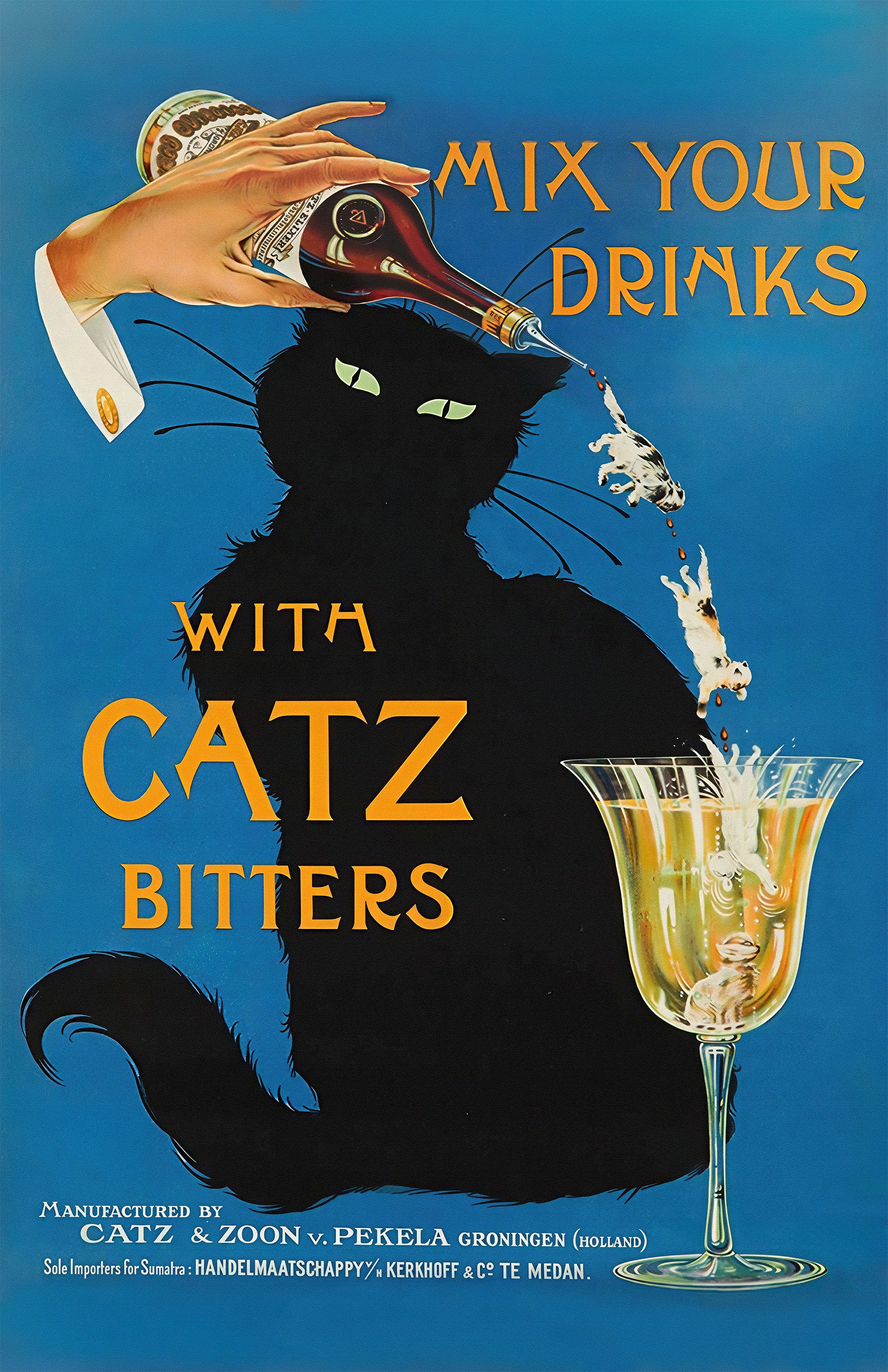 Catz Bitters Vintage Poster • Black Cat Art Deco Bar Print • Retro