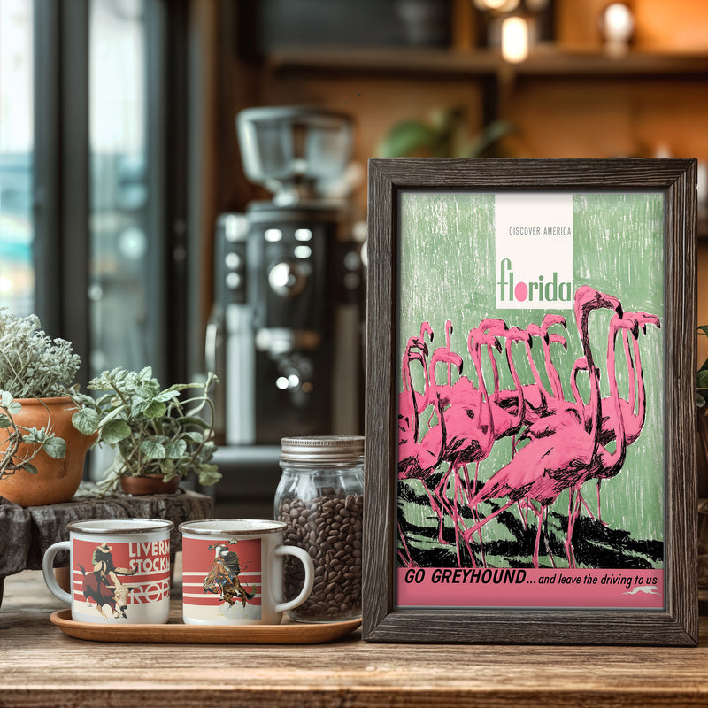 Vintage Florida Flamingos Travel Poster – Retro Greyhound Bus Art Print, Discover America Mid-Century Wall Decor