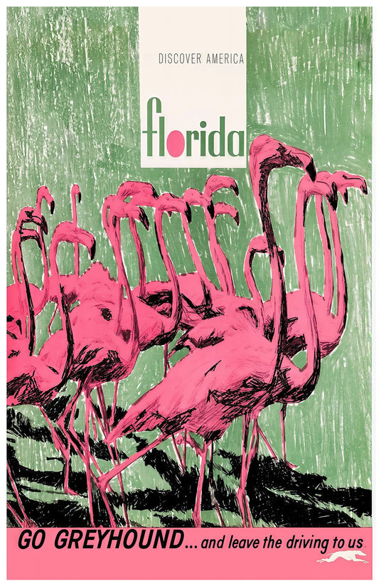 Vintage Florida Flamingos Travel Poster – Retro Greyhound Bus Art Print, Discover America Mid-Century Wall Decor