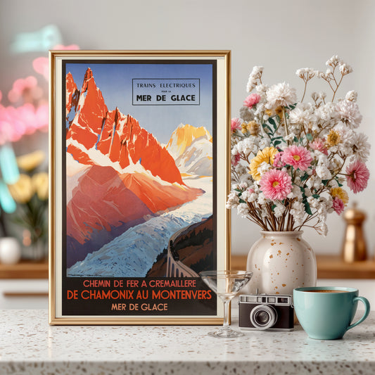 Chamonix Mer de Glace poster print, vintage French Alps train art, mountain wall decor